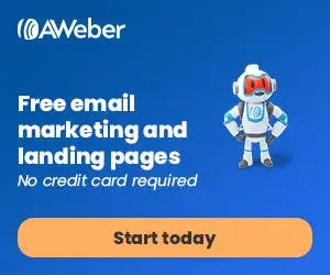 AWeber promotional graphic featuring a friendly robot character, highlighting free email marketing and landing page services for business networking events in San Diego.